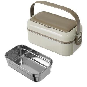 Cream and Brown Lunch Box with Stainless Steel Interior